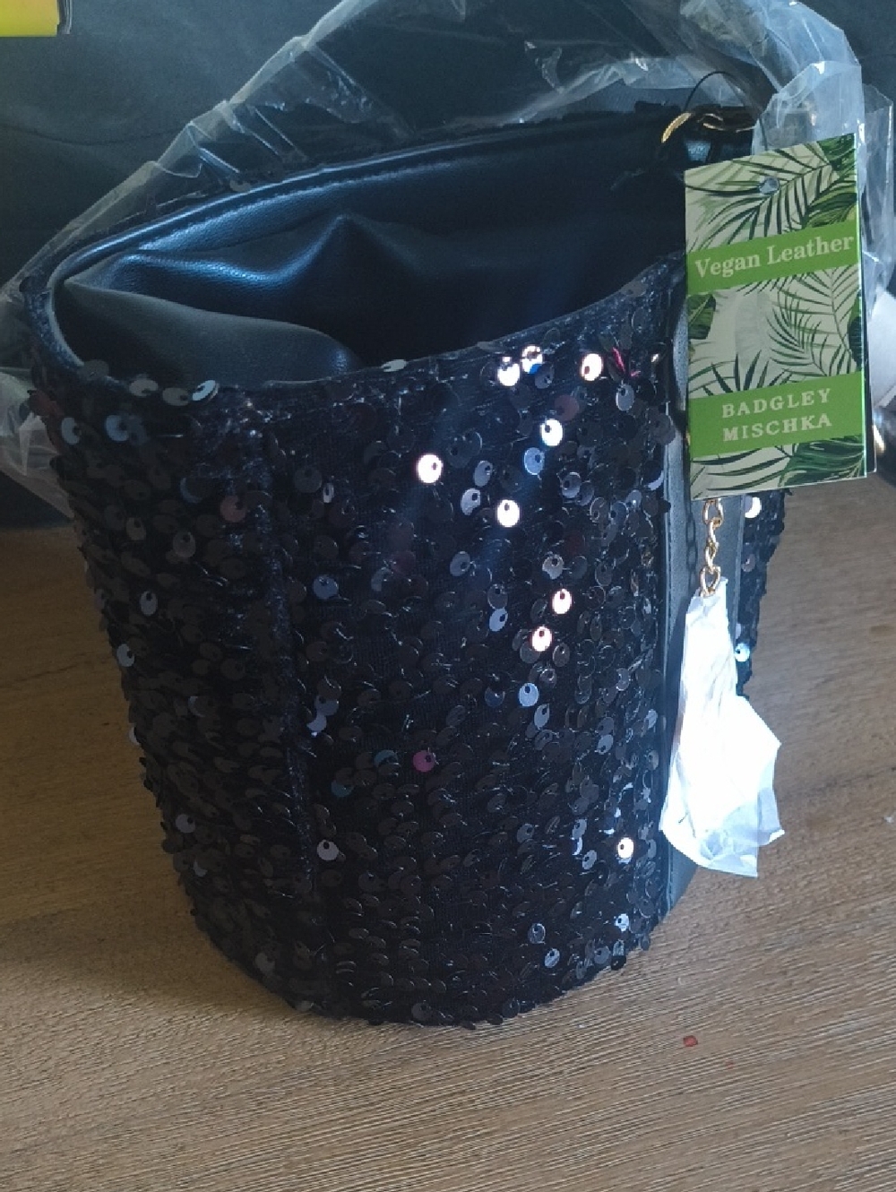 Badgley Mischka Black Sequin Bucket Handbag with Gold Charm